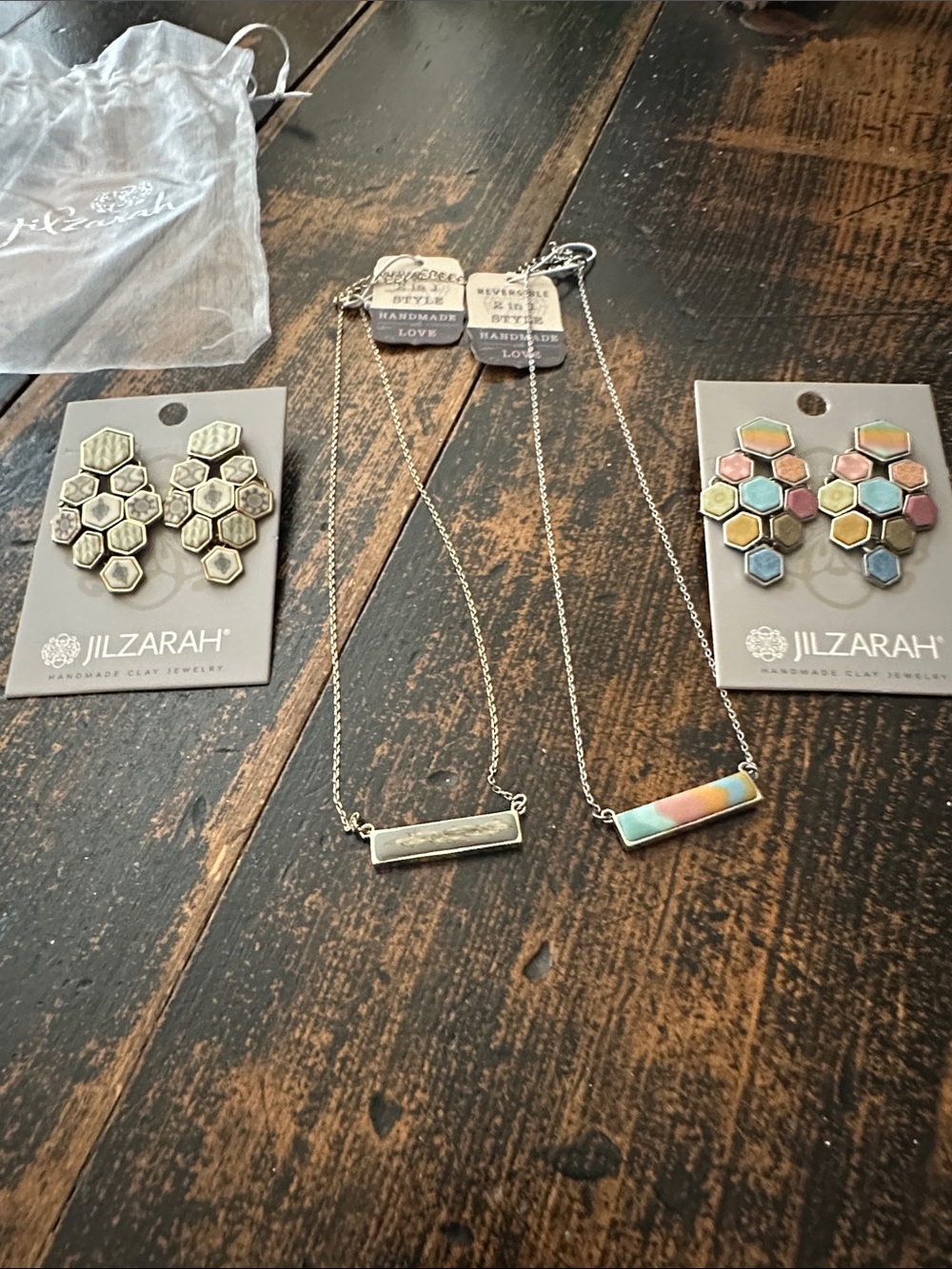 Jilzarah hexagon earrings with matching reversible necklaces.